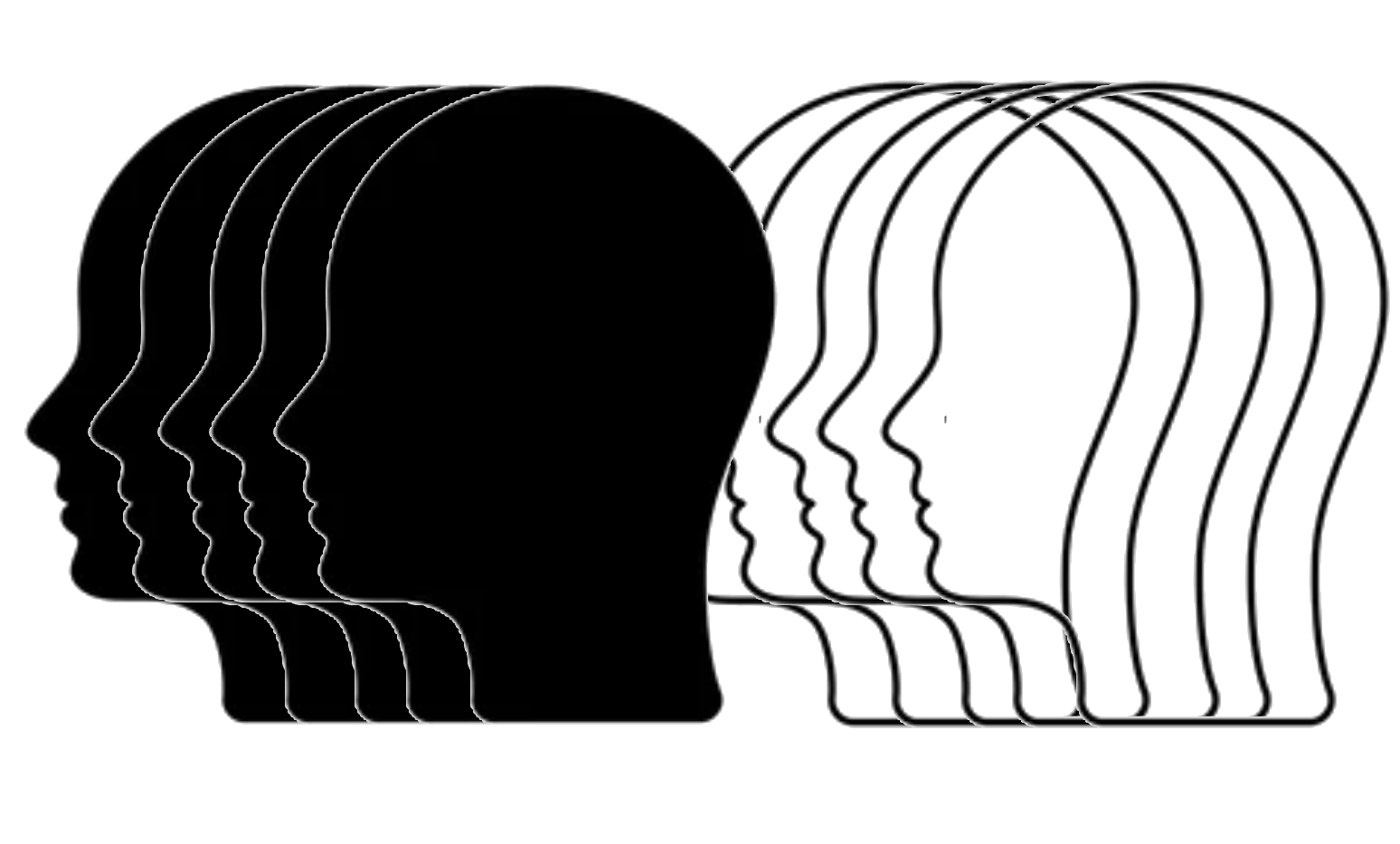 Layered head silhouettes in white on black.